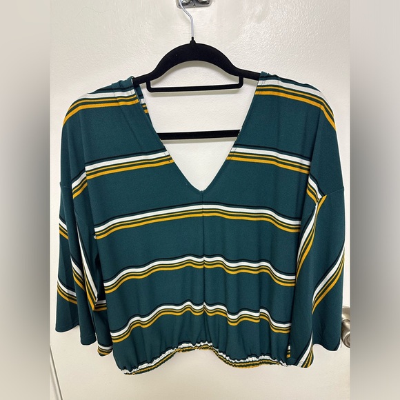 Express One Eleven Green & Yellow Stripe Wide Sleeve Top, Size M - Picture 2 of 3